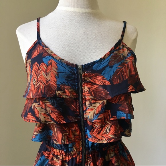 NEW Navy Feather Print Dress W Ruffles - Picture 2 of 3